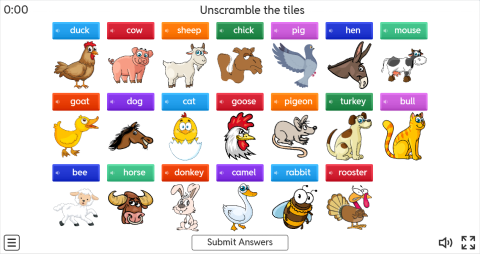 Farm Animals ESL Interactive Unscramble Worksheet