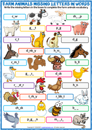 Farm Animals Missing Letters In Words Exercise Worksheet