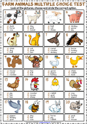 Farm Animals ESL Printable Multiple Choice Test For Kids