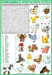 Farm Animals ESL Printable Word Search Puzzle Worksheet
