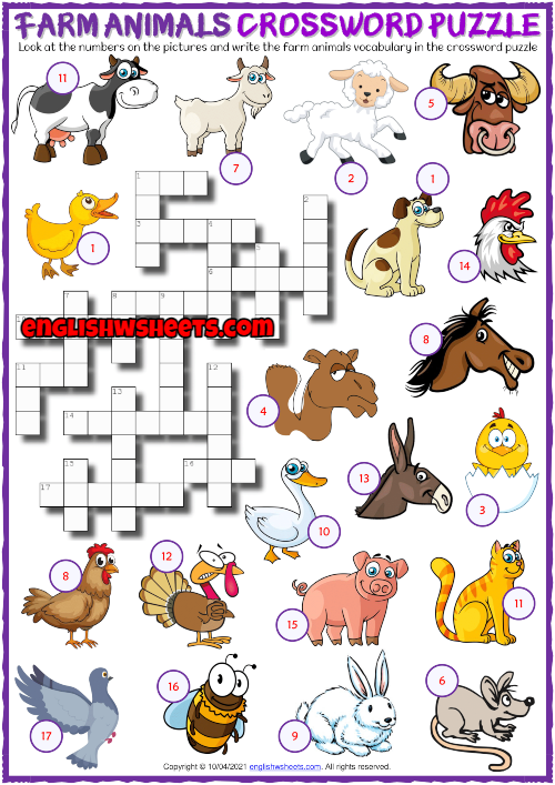 Farm Animals ESL Printable Crossword Puzzle Worksheet
