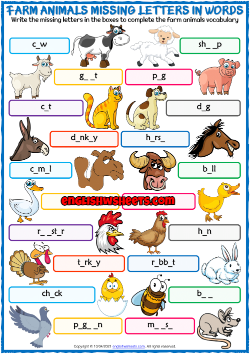 Farm Animals Missing Letters In Words Exercise Worksheet
