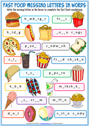 Fast Food ESL Missing Letters In Words Exercise Worksheet