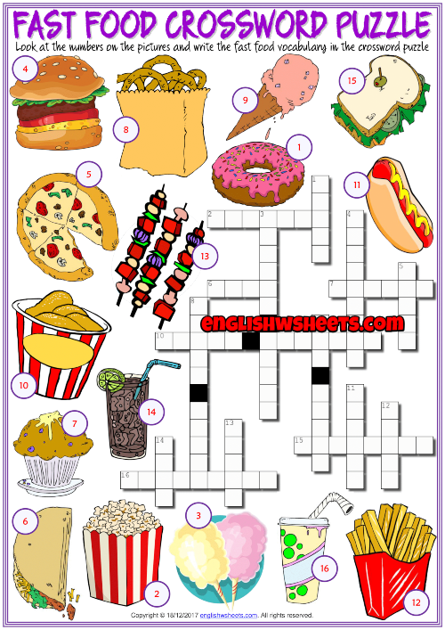 Fast Food ESL Printable Crossword Puzzle Worksheet For Kids