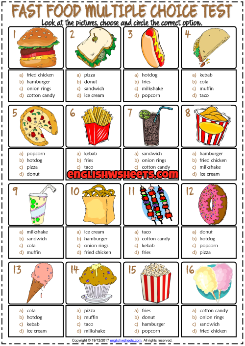  Fast Food ESL Printable Multiple Choice Test For Kids
