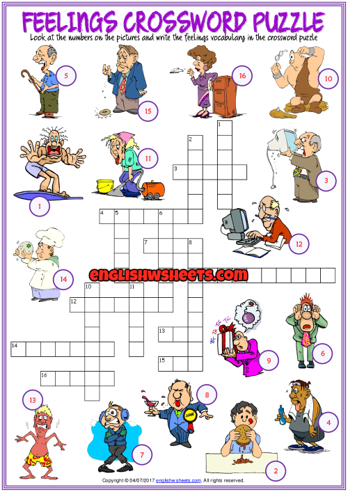 Feelings ESL Printable Crossword Puzzle Worksheet For Kids