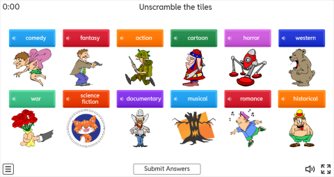 Types of Films ESL Interactive Unscramble Worksheet