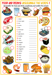 Food and Drinks ESL Unscramble the Words Worksheets
