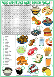 Food and Drinks ESL Word Search Puzzle Worksheets