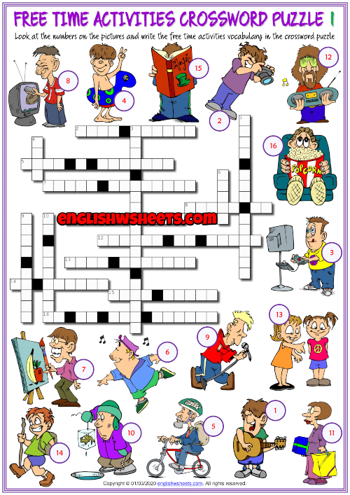 Free Time Activities ESL Crossword Puzzle Worksheets