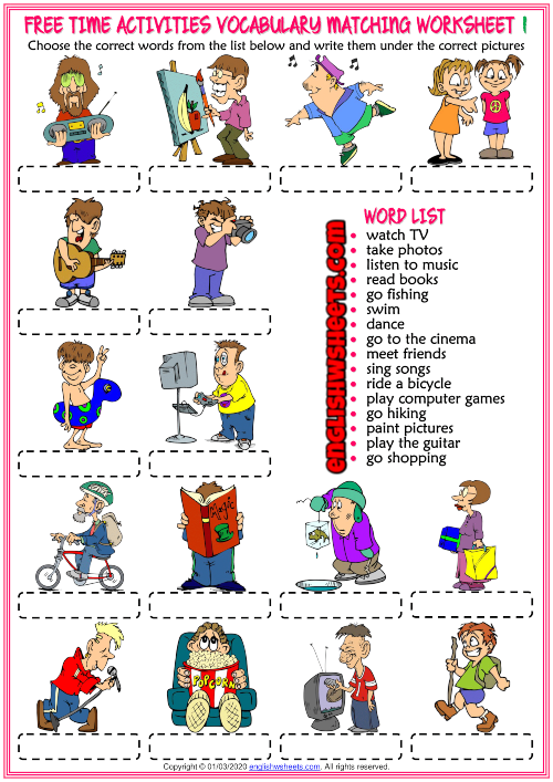 free time activities esl matching exercise worksheets