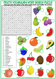 Fruits ESL Printable Word Search Puzzle Worksheet For Kids