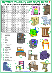 Furniture ESL Printable Word Search Puzzle Worksheets