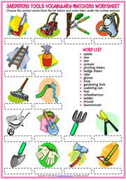 Gardening Tools ESL Matching Exercise Worksheet For Kids