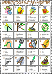 Gardening Tools ESL Printable Multiple Choice Test For Kids