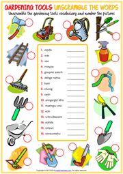 Gardening Tools ESL Unscramble the Words Worksheet