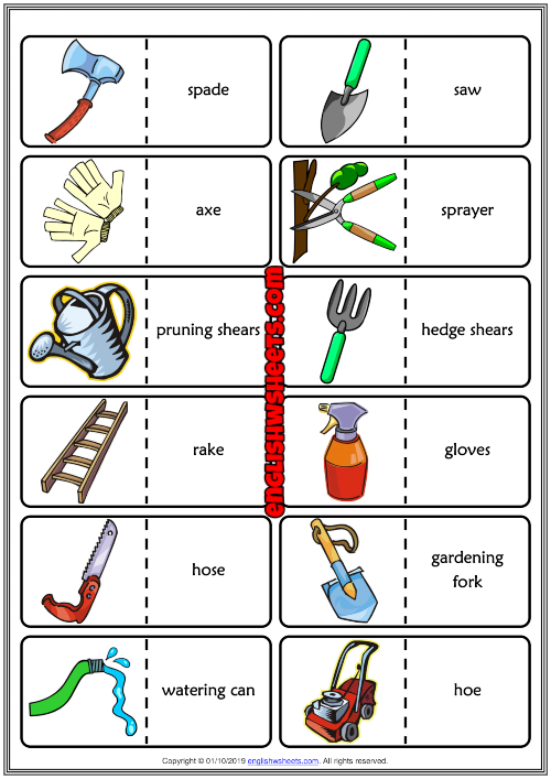 gardening tools esl printable dominoes game for kids