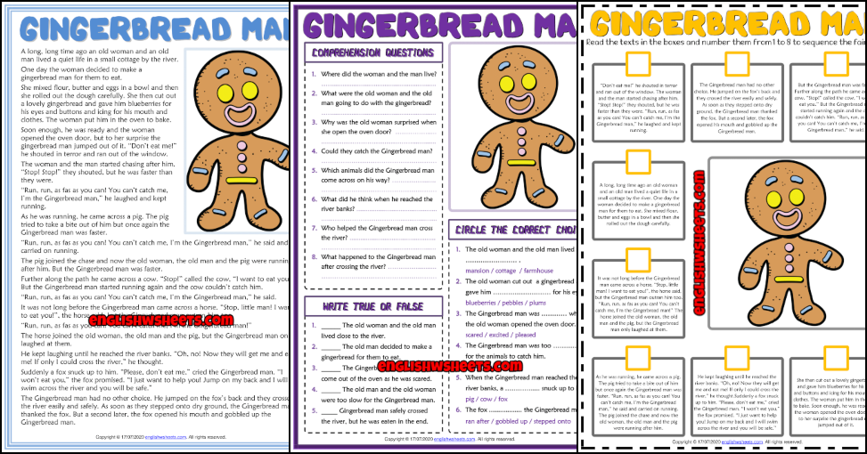 Gingerbread Man ESL Reading Comprehension Worksheets