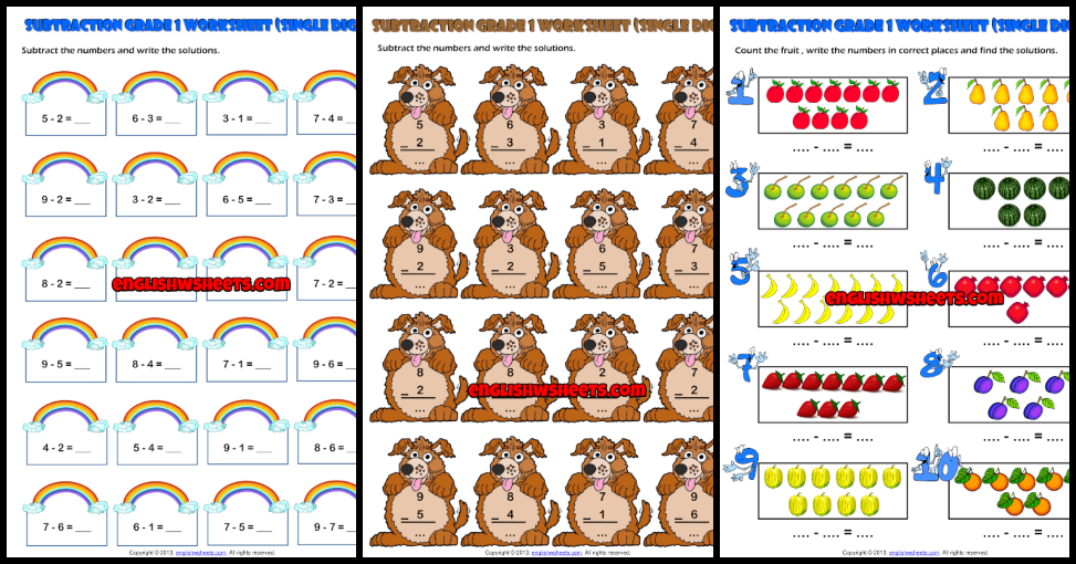Grade 1 Subtraction Printable Maths Worksheets and Exercises