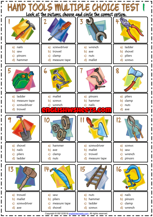 Hand Tools ESL Printable Multiple Choice Test For Kids