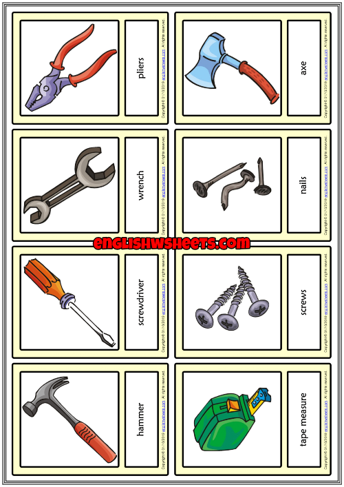 Hand Tools ESL Printable Vocabulary Learning Cards For Kids