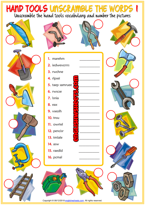 Hand Tools ESL Unscramble the Words Worksheets For Kids