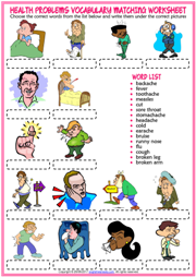 Health Problems ESL Vocabulary Matching Exercise Worksheet
