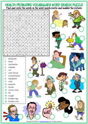Health Problems ESL Word Search Puzzle Worksheet For Kids