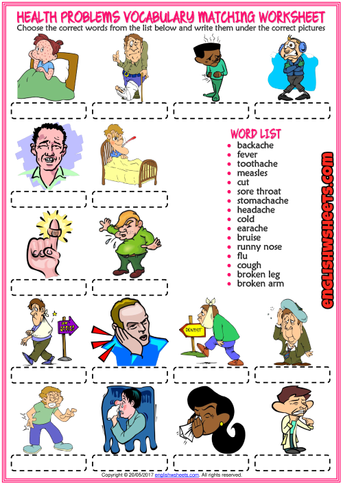 Health Problems ESL Vocabulary Matching Exercise Worksheet