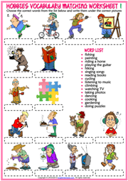 Hobbies ESL Vocabulary Matching Exercise Worksheets