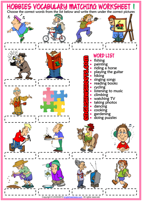 hobbies esl vocabulary matching exercise worksheets