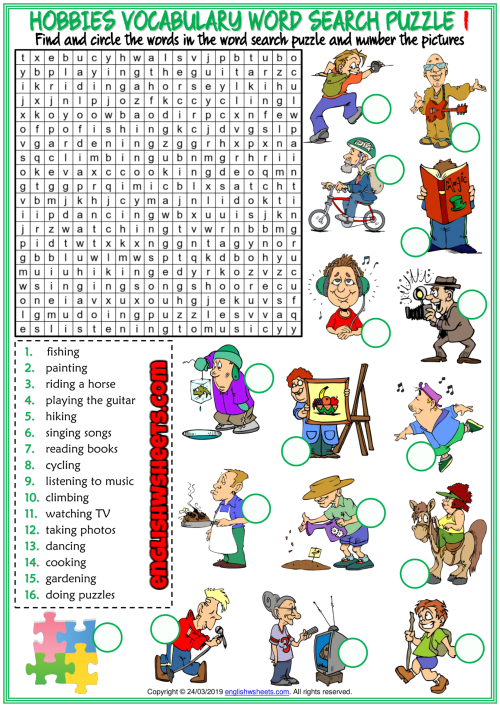 hobbies esl printable word search puzzle worksheets