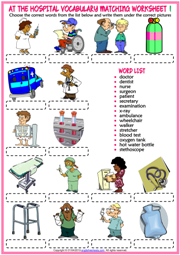 Hospital Vocabulary ESL Matching Exercise Worksheets
