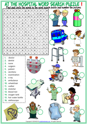 Hospital Vocabulary ESL Word Search Puzzle Worksheets