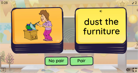 Household Chores ESL Pair or No Pair Worksheet