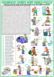 Household Chores ESL Word Search Puzzle Worksheet