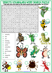 Insects ESL Printable Word Search Puzzle Worksheet For Kids