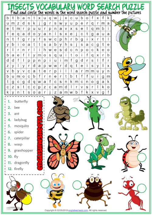 Insects ESL Printable Word Search Puzzle Worksheet For Kids