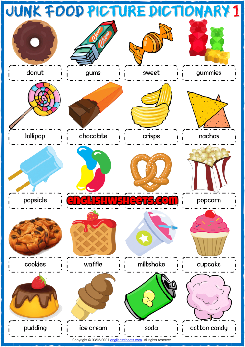 junk food esl printable picture dictionary worksheets
