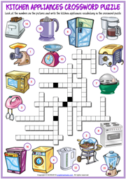 Kitchen Appliances ESL Crossword Puzzle Worksheet for Kids
