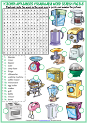 Kitchen Appliances ESL Word Search Puzzle Worksheet