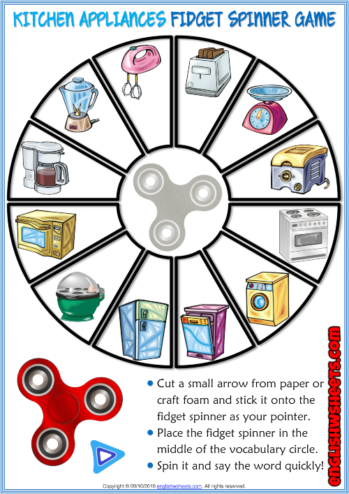 Kitchen Appliances ESL Printable Fidget Spinner Game