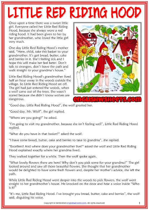 Little Red Riding Hood ESL Reading Text Worksheet For Kids