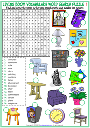 Living Room Objects ESL Word Search Puzzle Worksheets
