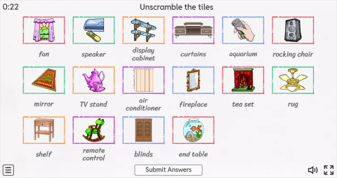 Living Room Objects ESL Interactive Match Up Worksheet