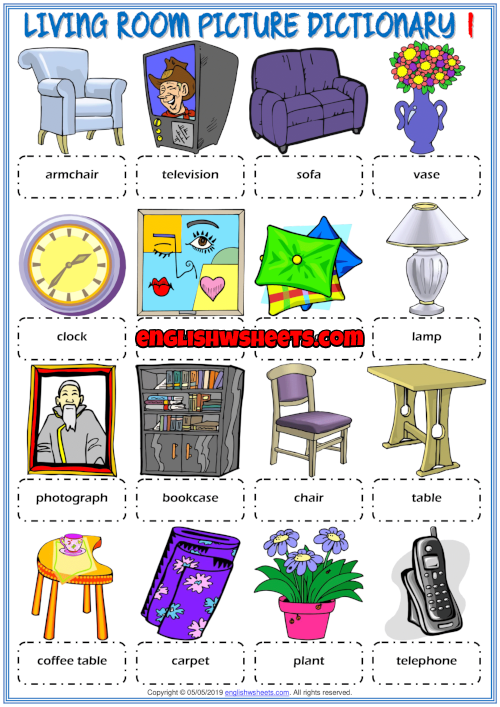 Living Room Objects Esl Picture Dictionary Worksheets