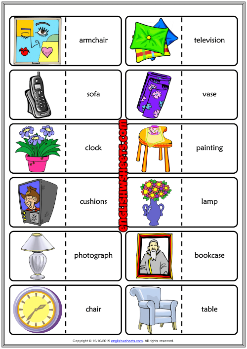 Living Room Objects ESL Printable Dominoes Game For Kids