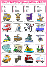 Means of Transport ESL Matching Exercise Worksheet For Kids