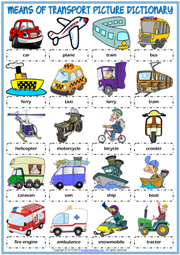 Means of Transport ESL Picture Dictionary Worksheet For Kids