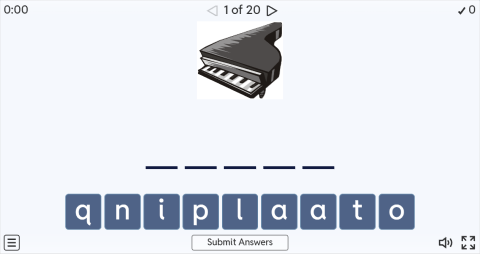 Musical Instruments Interactive Spell The Word Worksheet
